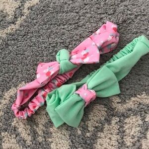 Set of two stretchy mint and abstract pink print bow headbands